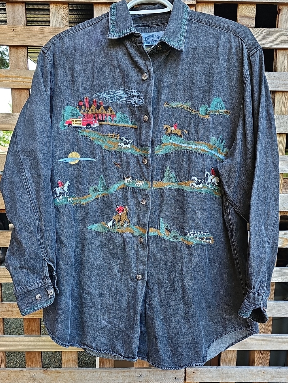 Cambridge Dry Goods Charcoal Denim Button-Down Shirt with Multicolor Embroidery